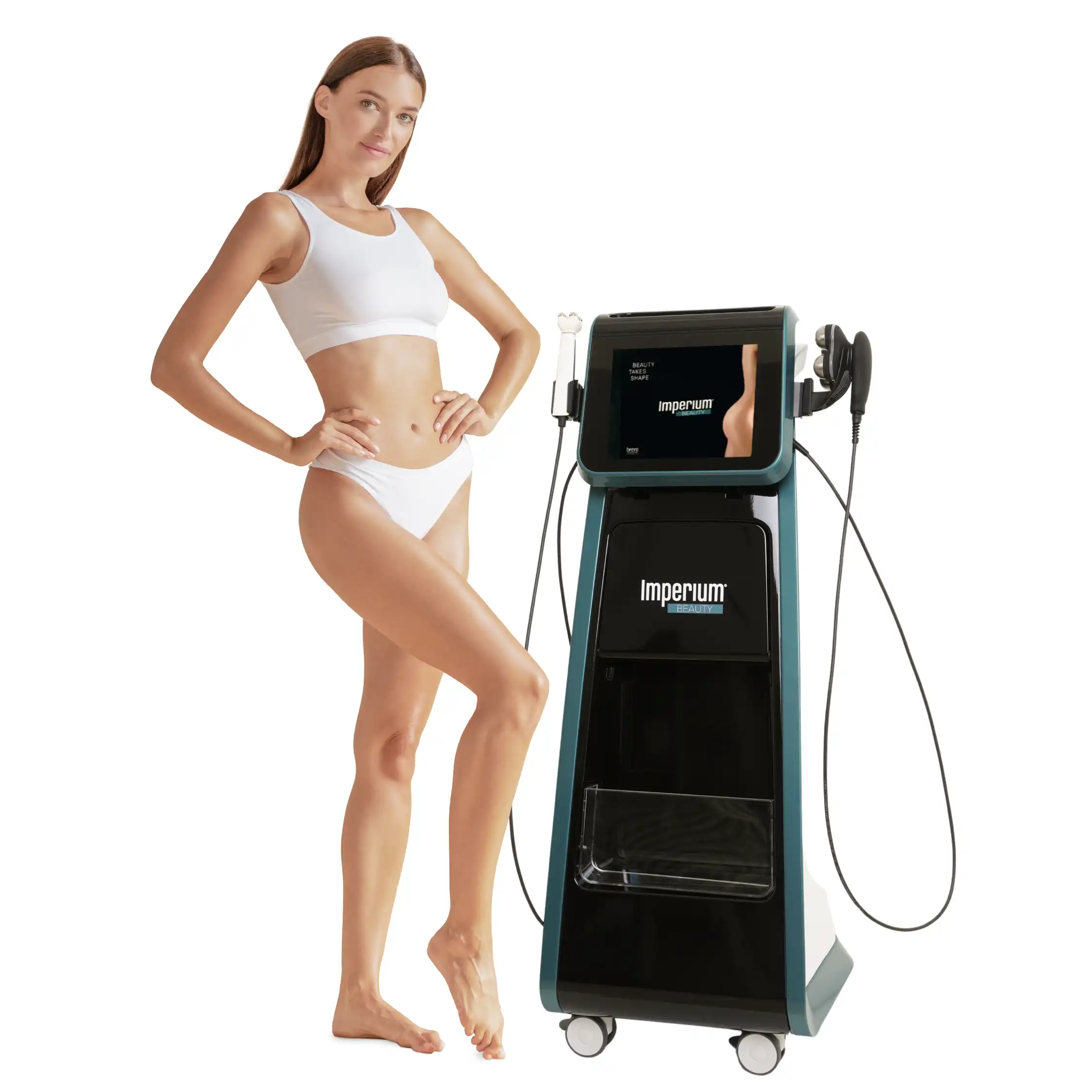Dispositivo Imperium Beauty per trattamenti estetici corpo, presentato con modella in ambiente medical-beauty.